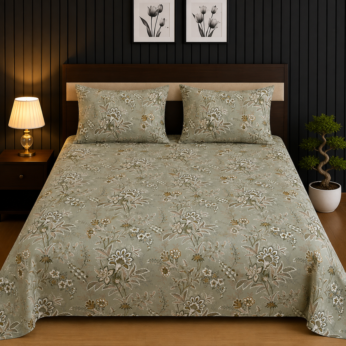 Muted Sage & Olive Ornamental Floral King Bedsheet