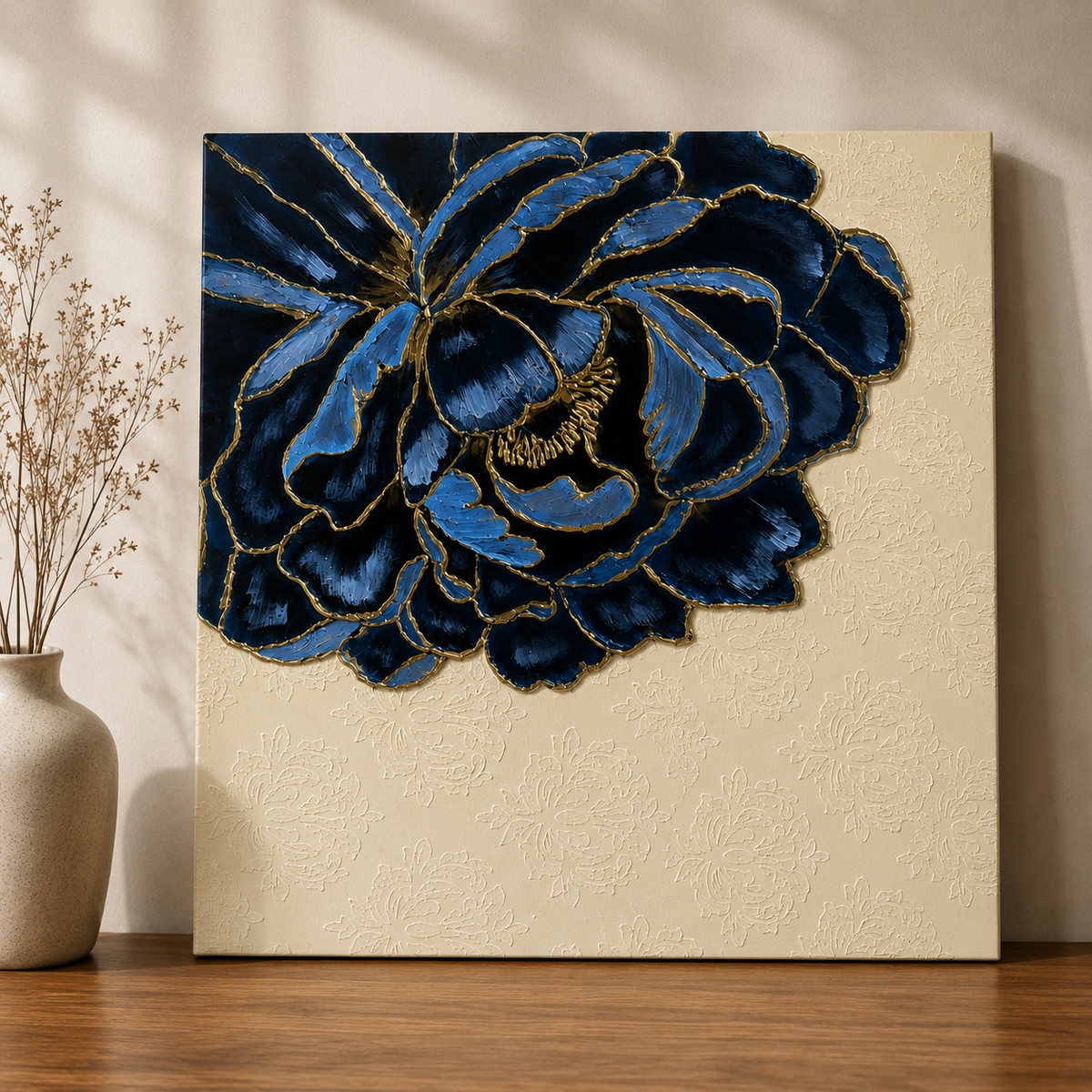 Majestic Indigo & Gold Impasto Peony Floral Canvas Art