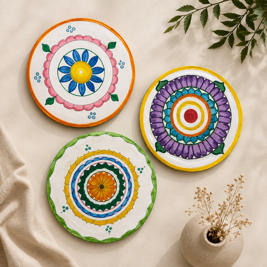 Colorful Hand Painted Round Mandala Wall Plates Set