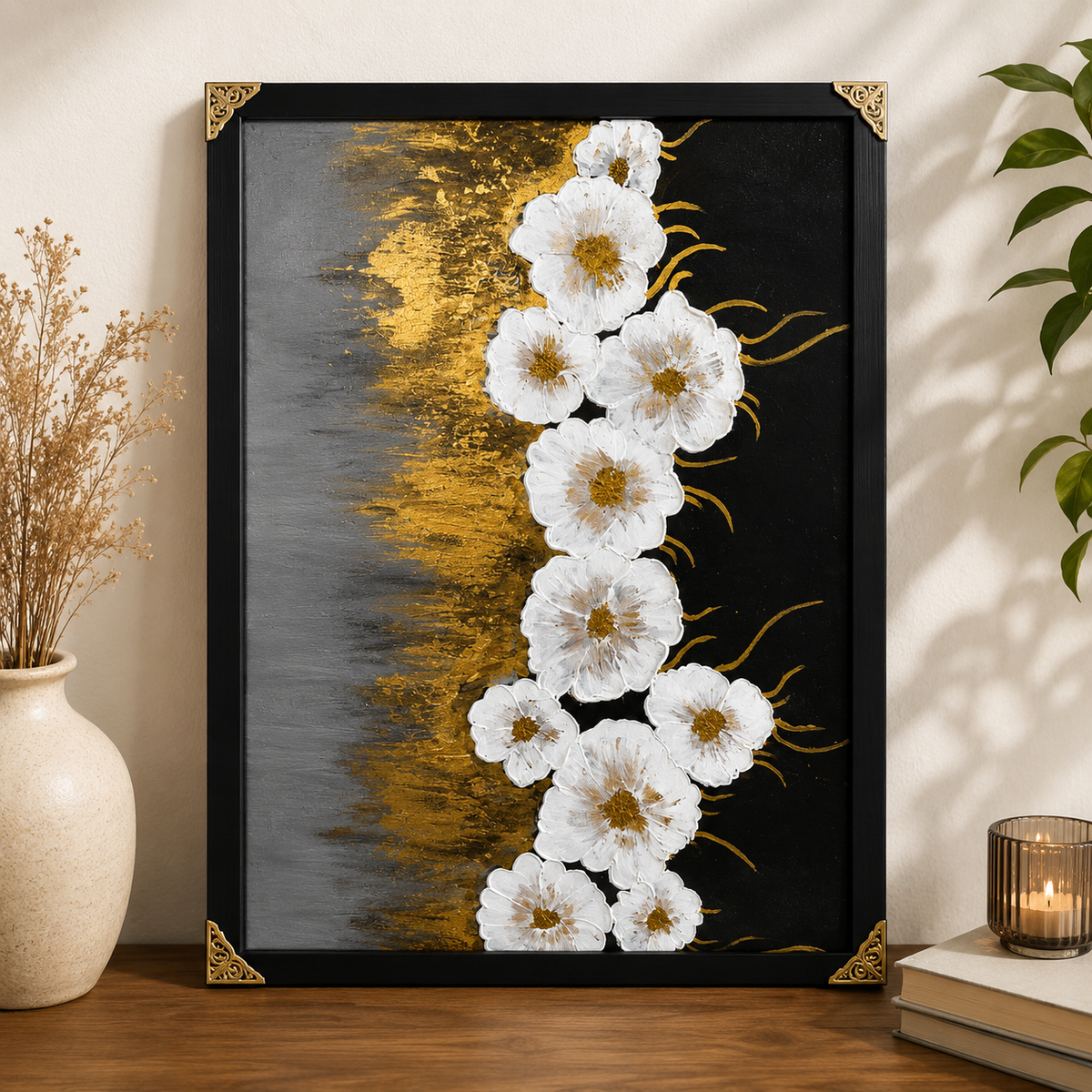 Modern Black & Gold Textured White Floral Canvas Painting
