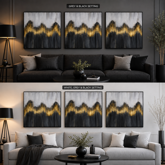 Modern Abstract Gold Leaf & Black Mountain Canvas Art Set