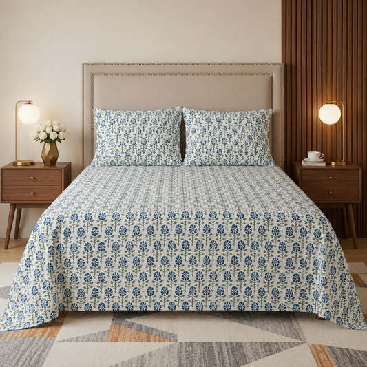 Blue & Green Block Print Cotton Bed Sheet