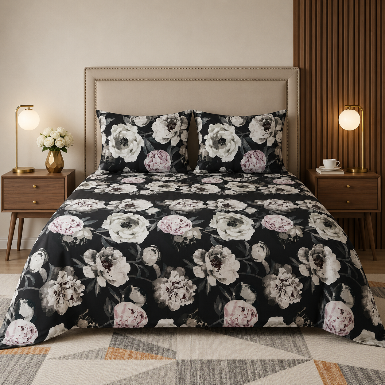 Dark Grey & White Floral Print Cotton Bed Sheet