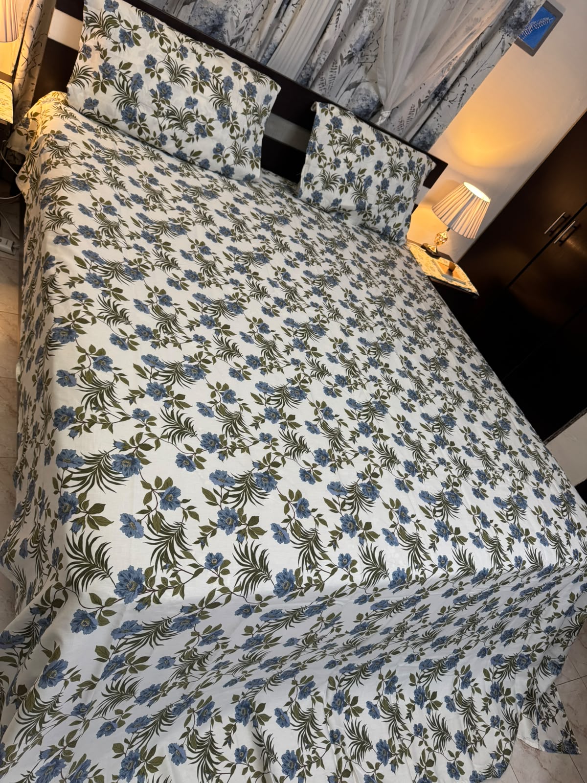 Blue Floral & Leafy Print Cotton Bed Sheet