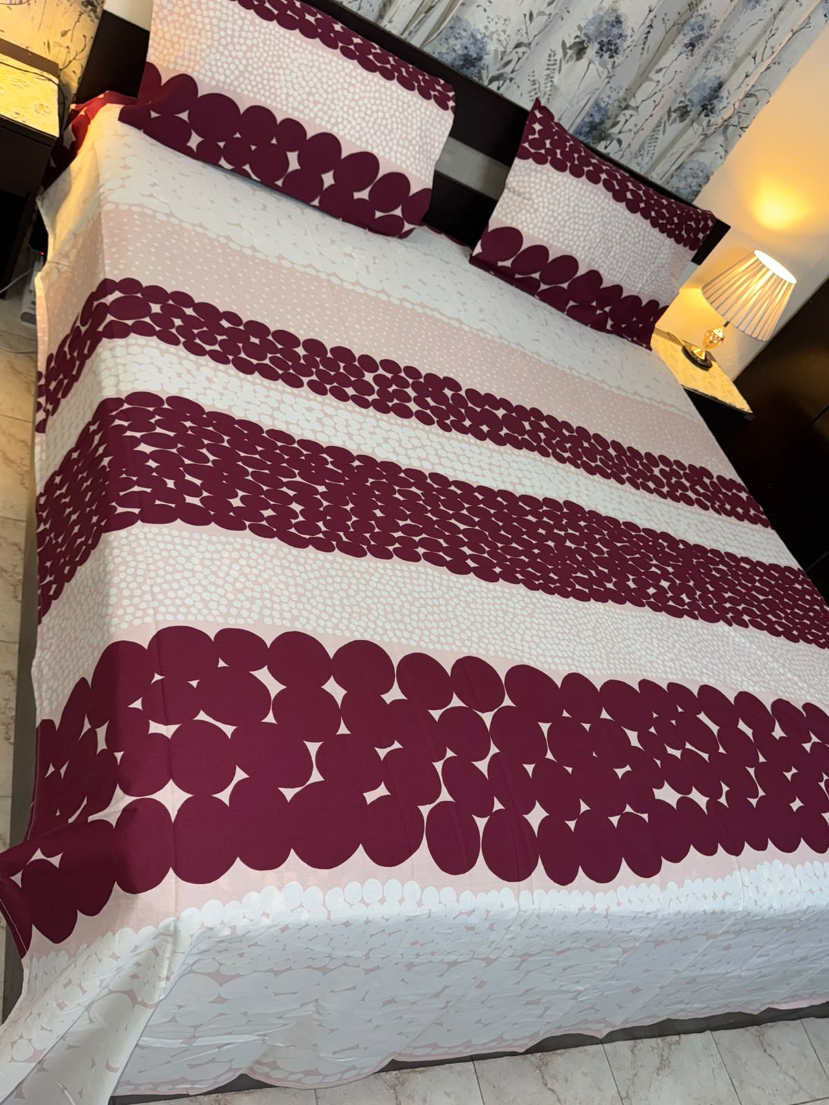 Maroon & Pink Polka Dot Striped Cotton Bed Sheet