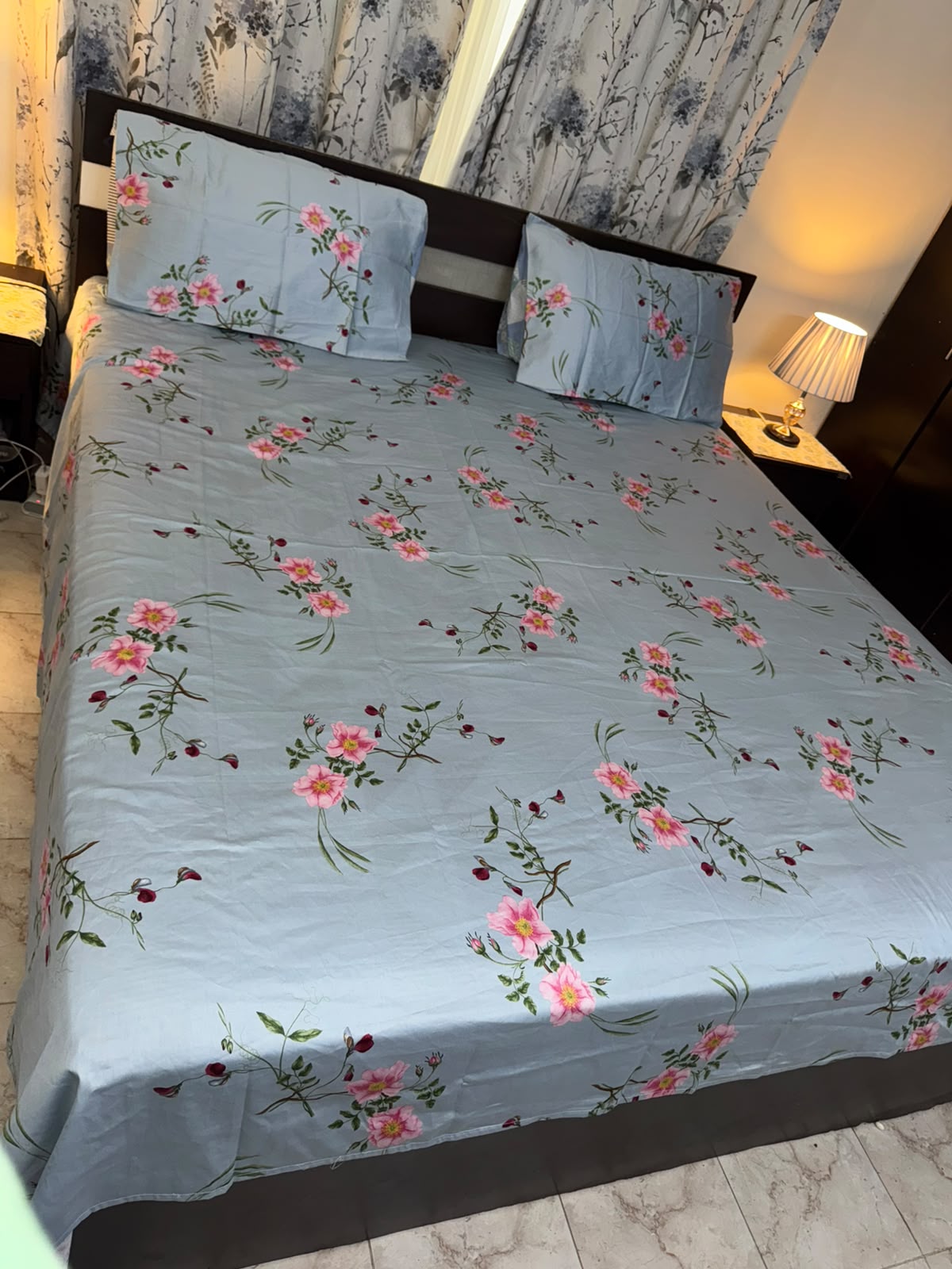 Light Blue Pink Floral Vine Cotton Bed Sheet