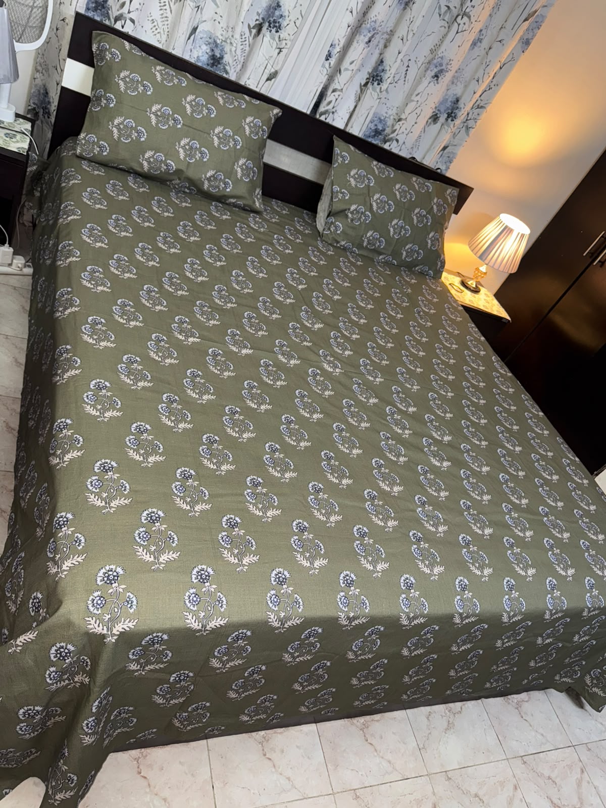 Olive Green Small Floral Block Print Cotton Bed Sheet