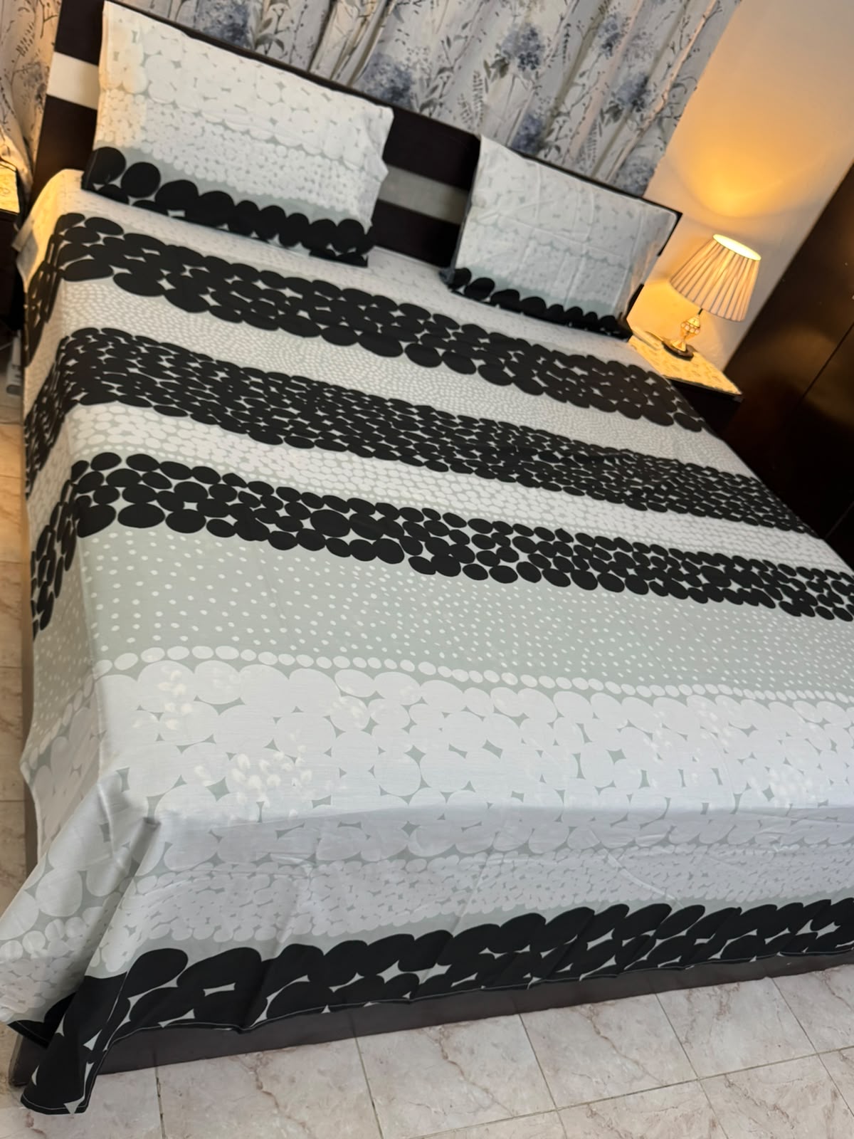 Grey & Black Polka Dot Striped Cotton Bed Sheet