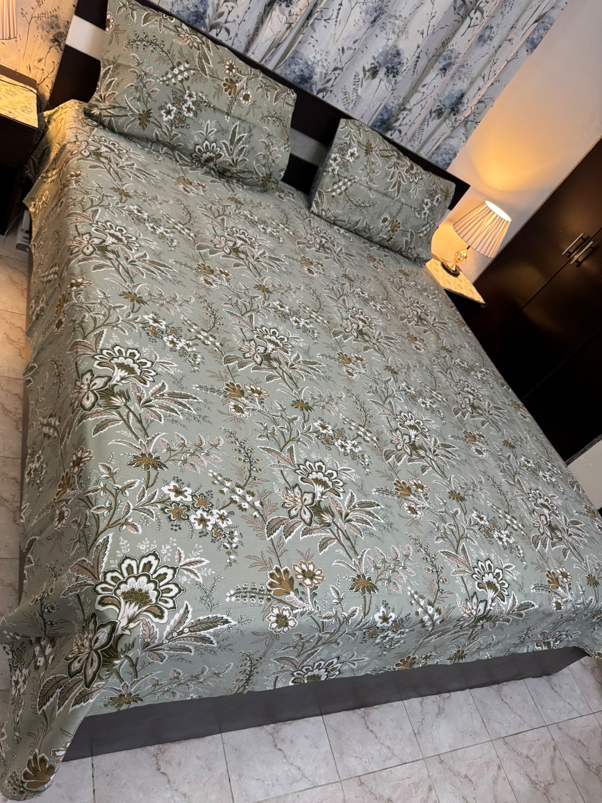Vintage Floral Sage Green Cotton Bed Sheet