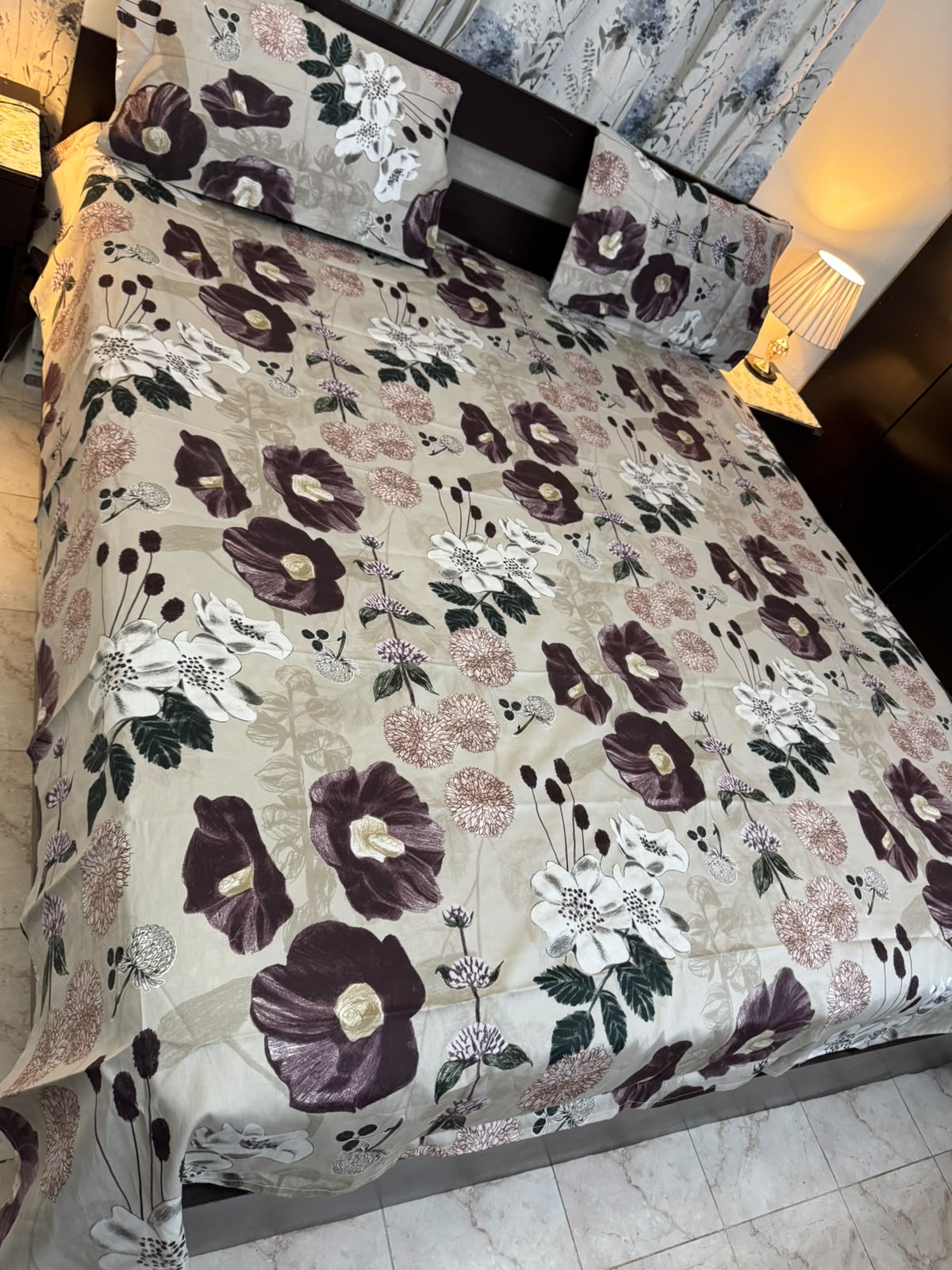 Maroon & Cream Floral Print Cotton Bed Sheet