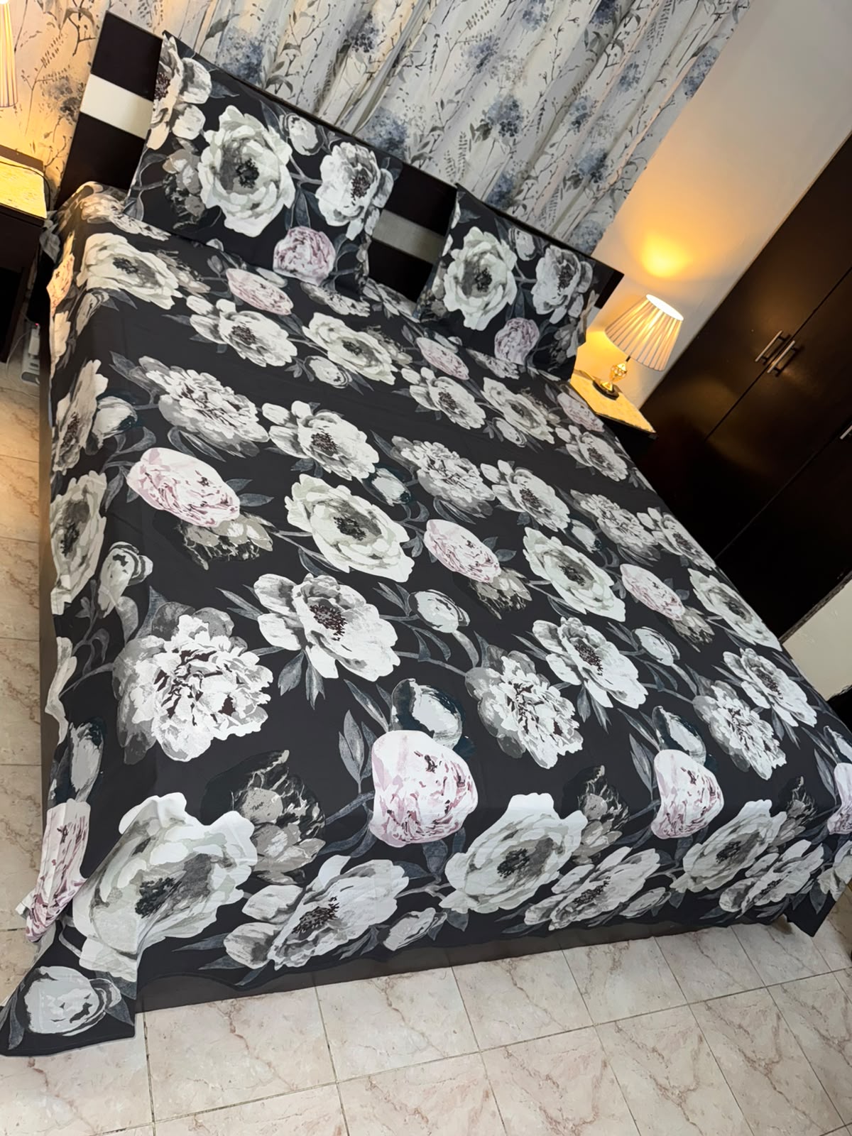 Dark Grey & White Floral Print Cotton Bed Sheet
