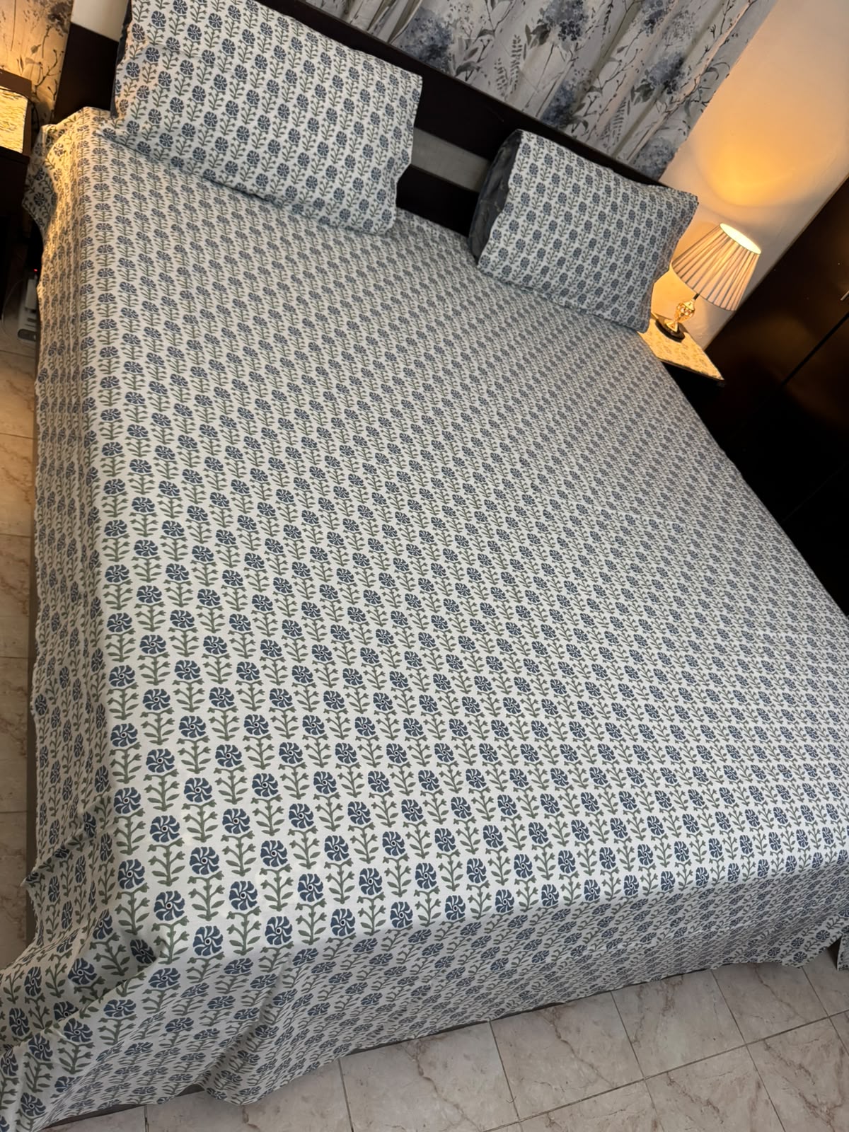 Blue & Green Block Print Cotton Bed Sheet