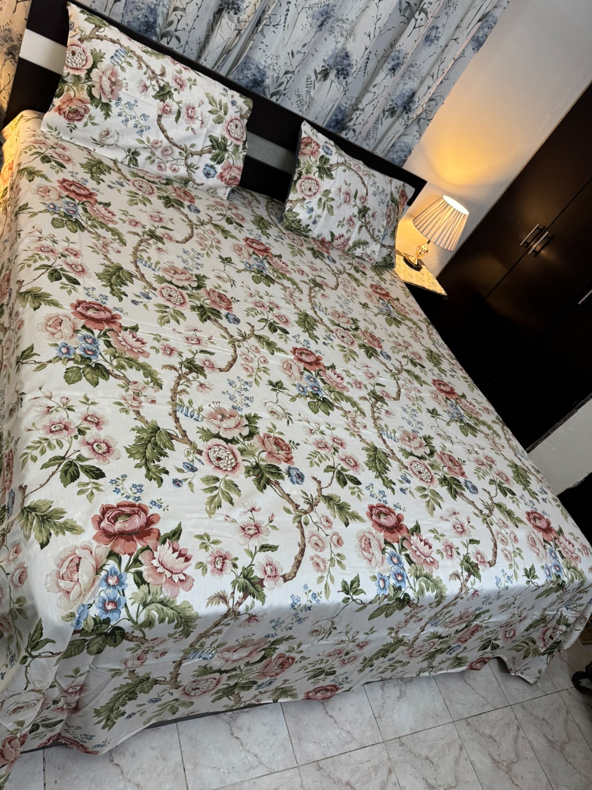Floral Branch & Vine Print Cotton Bed Sheet