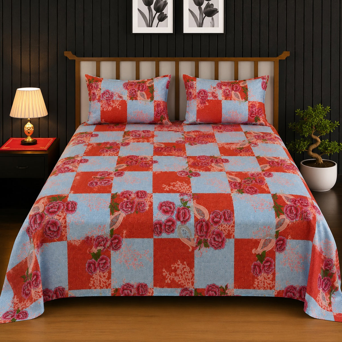 Red & Powder Blue Floral King Bedsheet