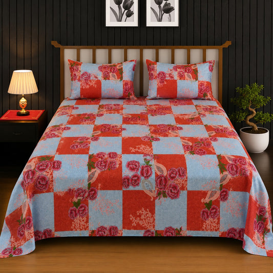 Red & Powder Blue Floral King Bedsheet