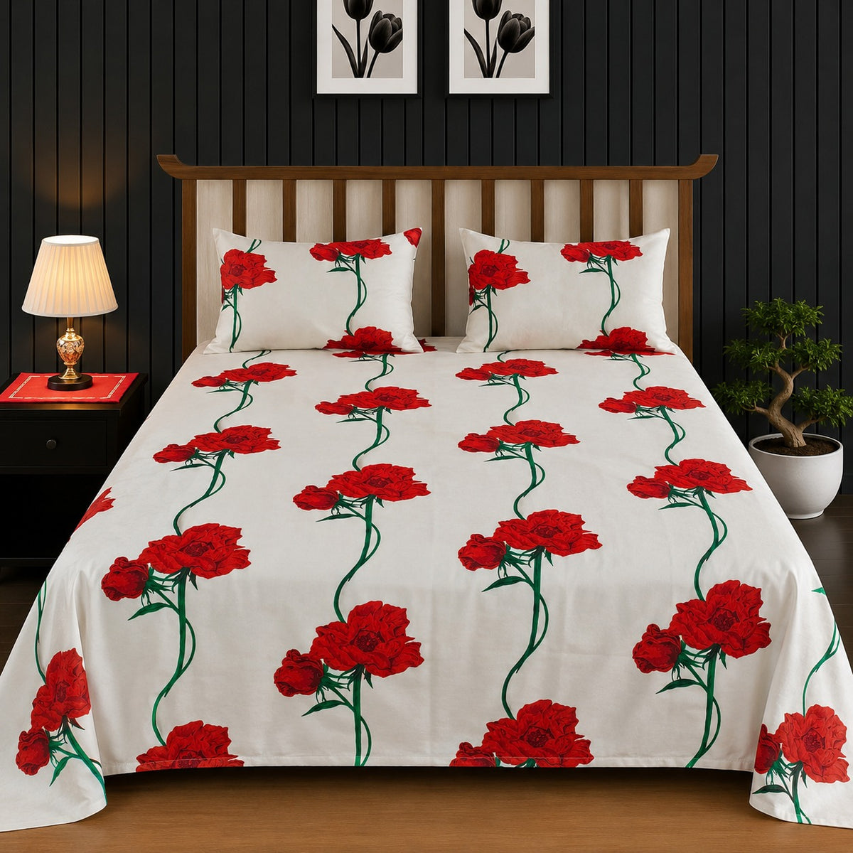 Red Rose Floral Stem King Bedsheet Set