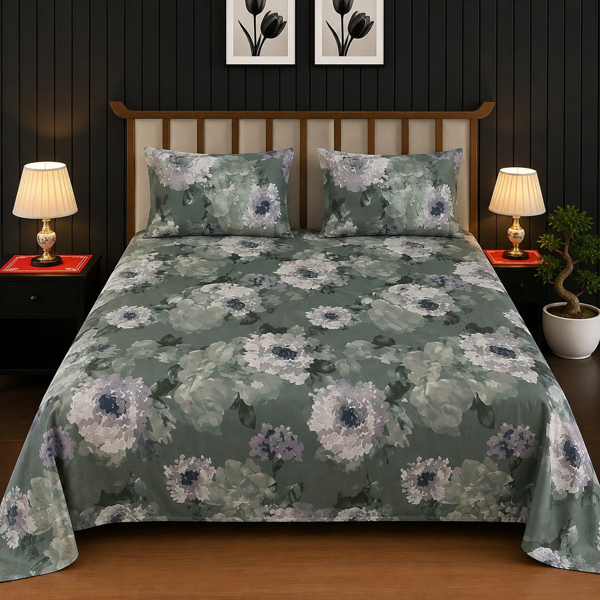 Sage Green & Lavender Watercolor Peony King Bedsheet
