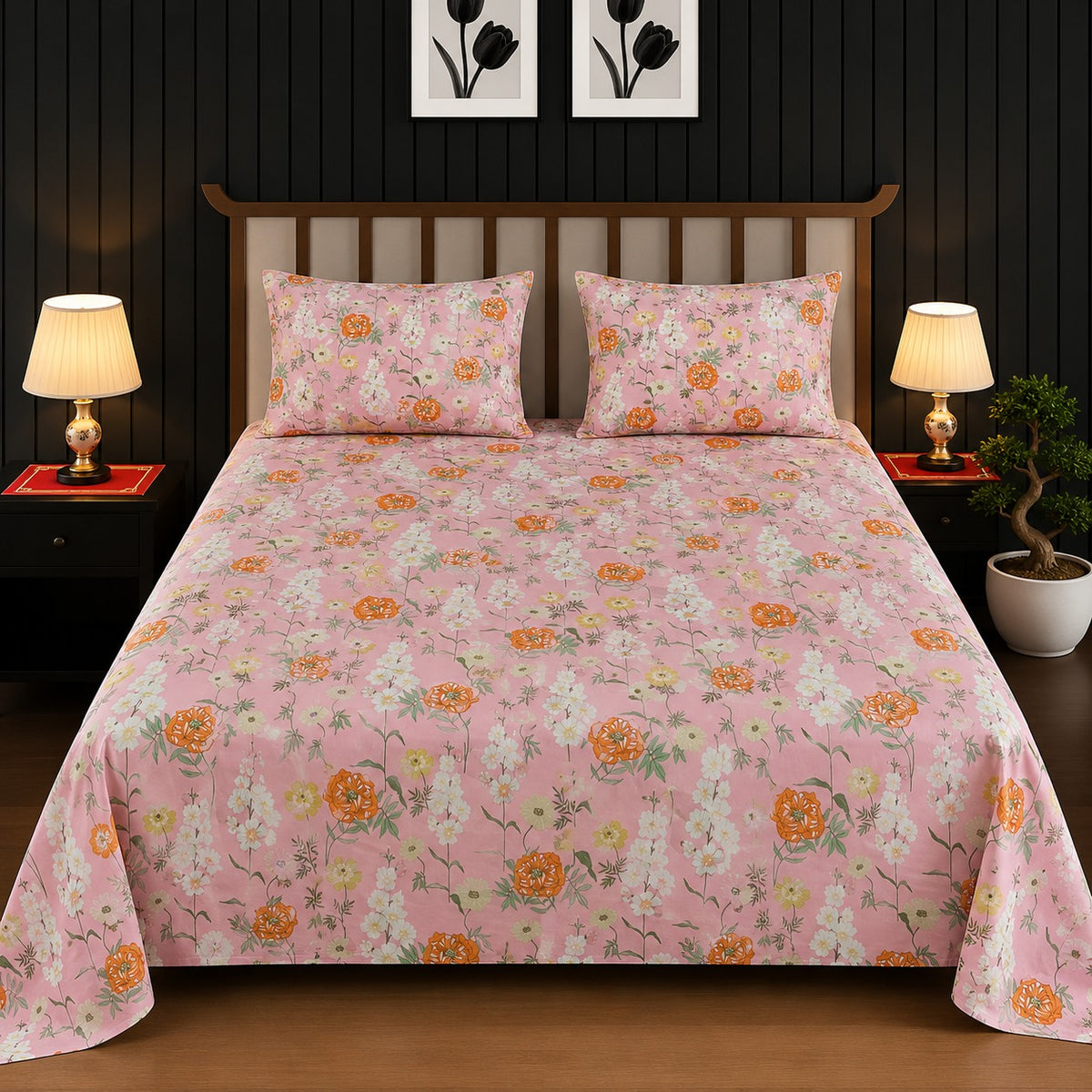 Blush Pink & Orange Blossom King Bedsheet