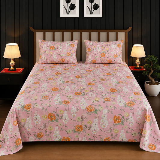 Blush Pink & Orange Blossom King Bedsheet