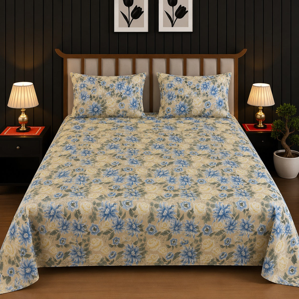 Beige & Soft Blue Dahlia Floral King Bedsheet Set