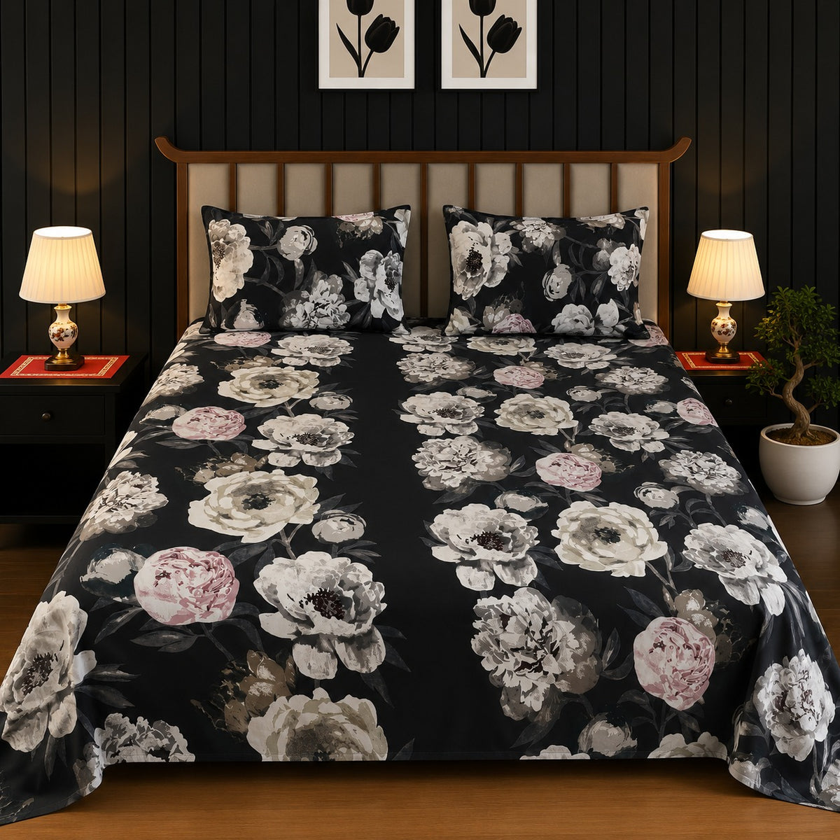Midnight Black & Monochrome Peony King Bedsheet