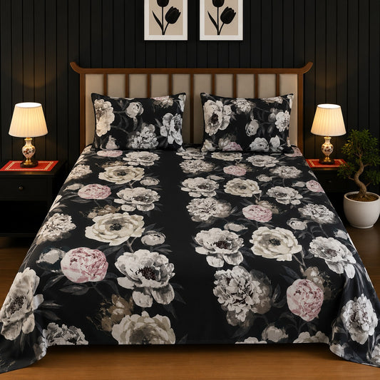 Midnight Black & Monochrome Peony King Bedsheet