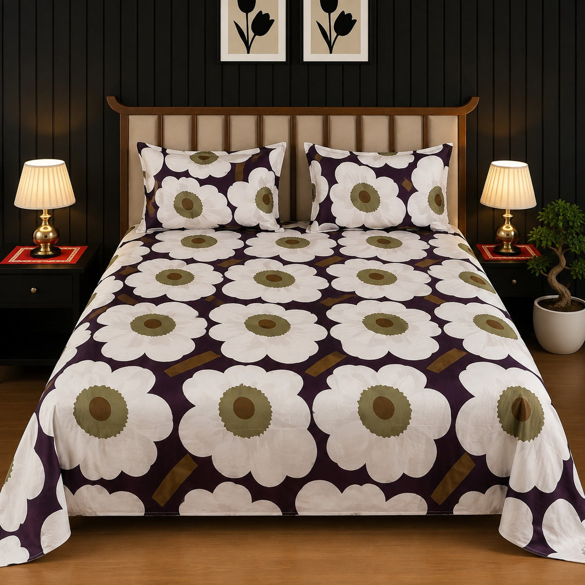 Deep Purple & White Retro Floral King Bedsheet