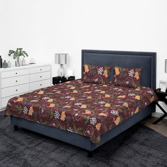 Maroon & Mustard Floral Botanical King Bedsheet