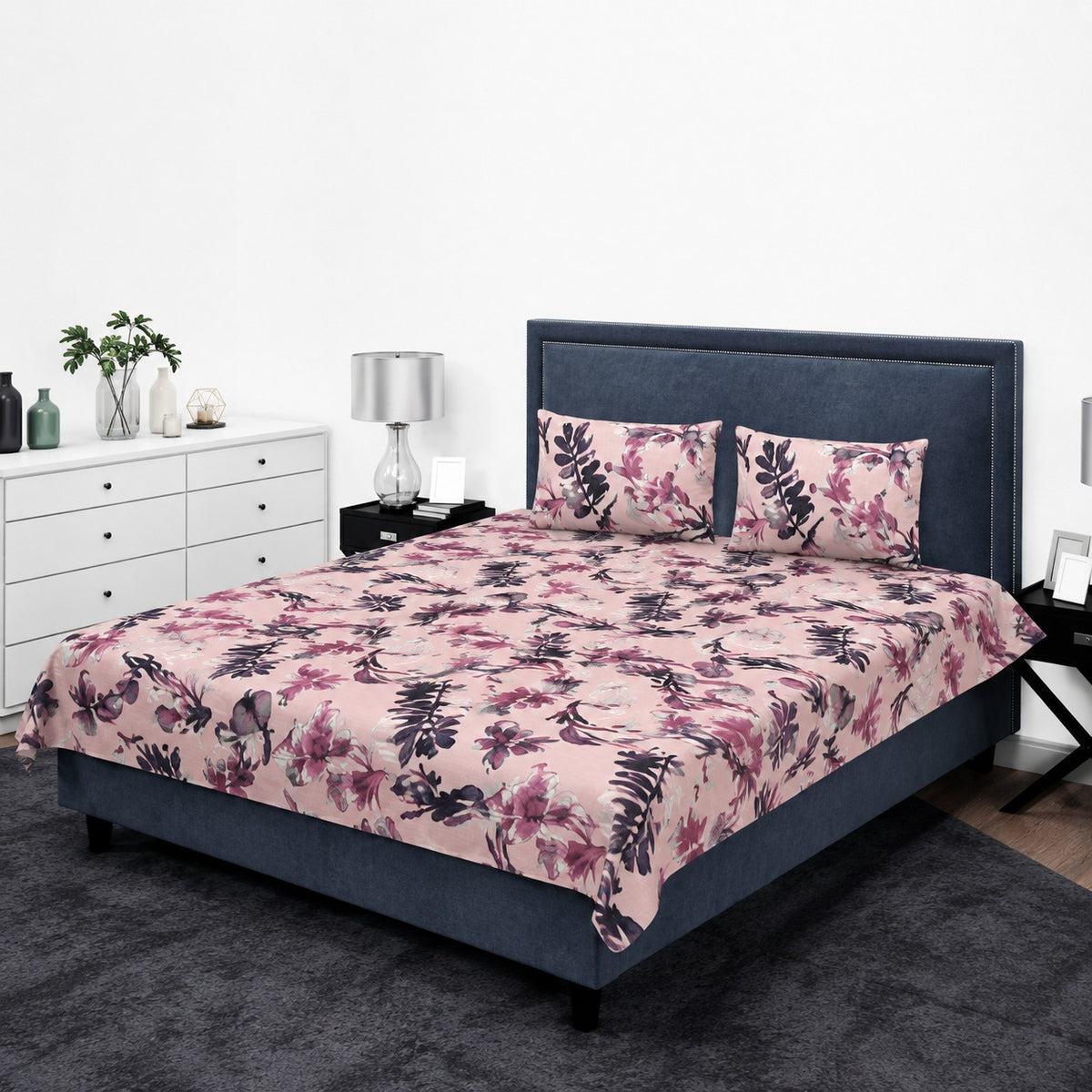 Blush Pink & Dark Plum Floral Botanical King Bedsheet
