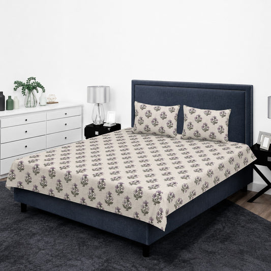 Off-White & Lavender Block Print Floral King Bedsheet