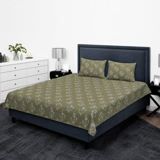 Olive Green & White Block Print Floral King Bedsheet