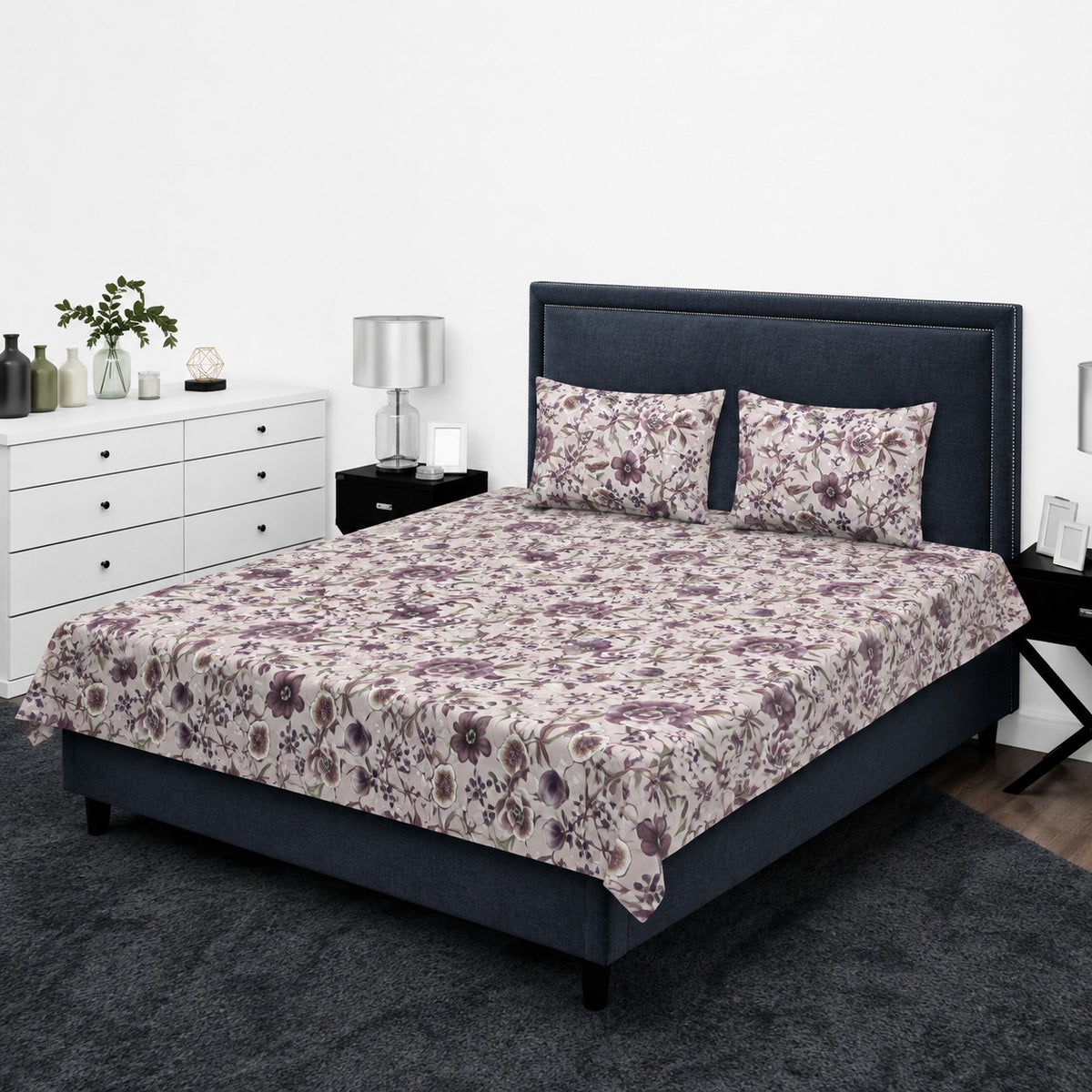 Dusty Lilac & Deep Violet Floral Botanical King Bedsheet