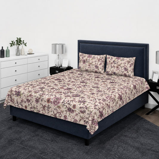 Beige & Soft Purple Floral Botanical King Bedsheet