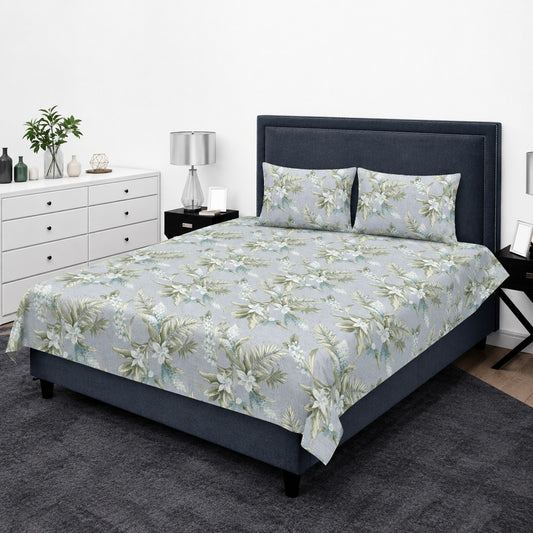 Sky Blue & Sage Tropical Palm Floral King Bedsheet