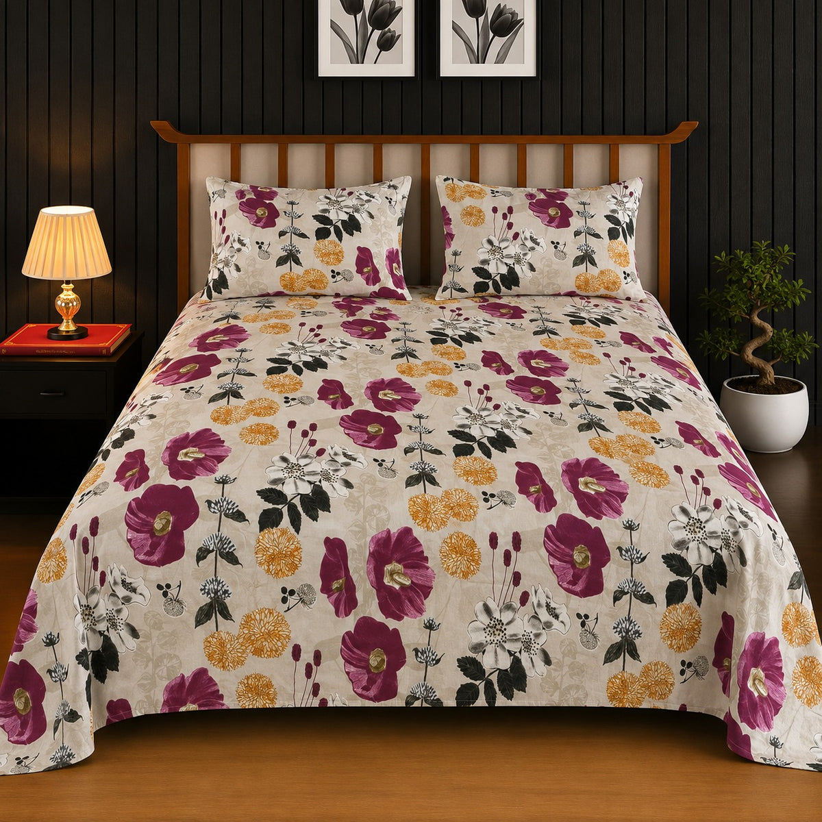 Beige & Magenta Anemone Floral King Bedsheet
