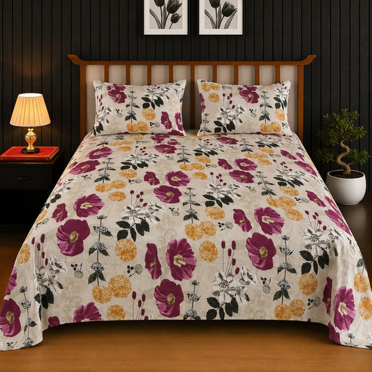 Beige & Magenta Anemone Floral King Bedsheet