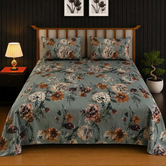 Slate Blue & Rust Peony Floral King Bedsheet