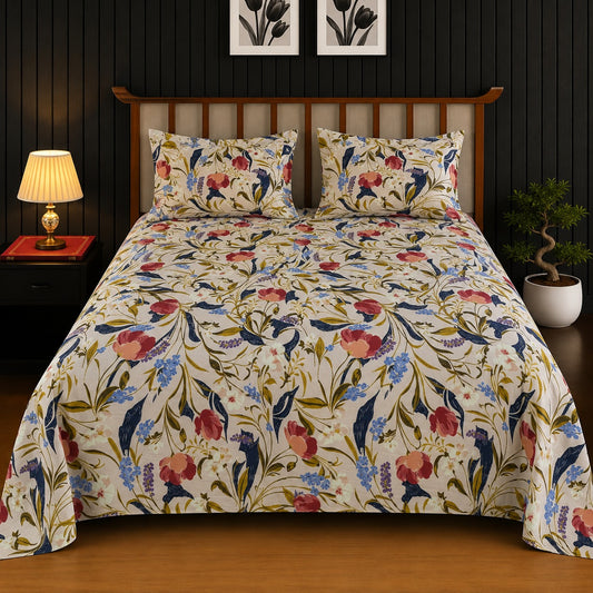 Off-White & Coral Multi-Floral Vine King Bedsheet