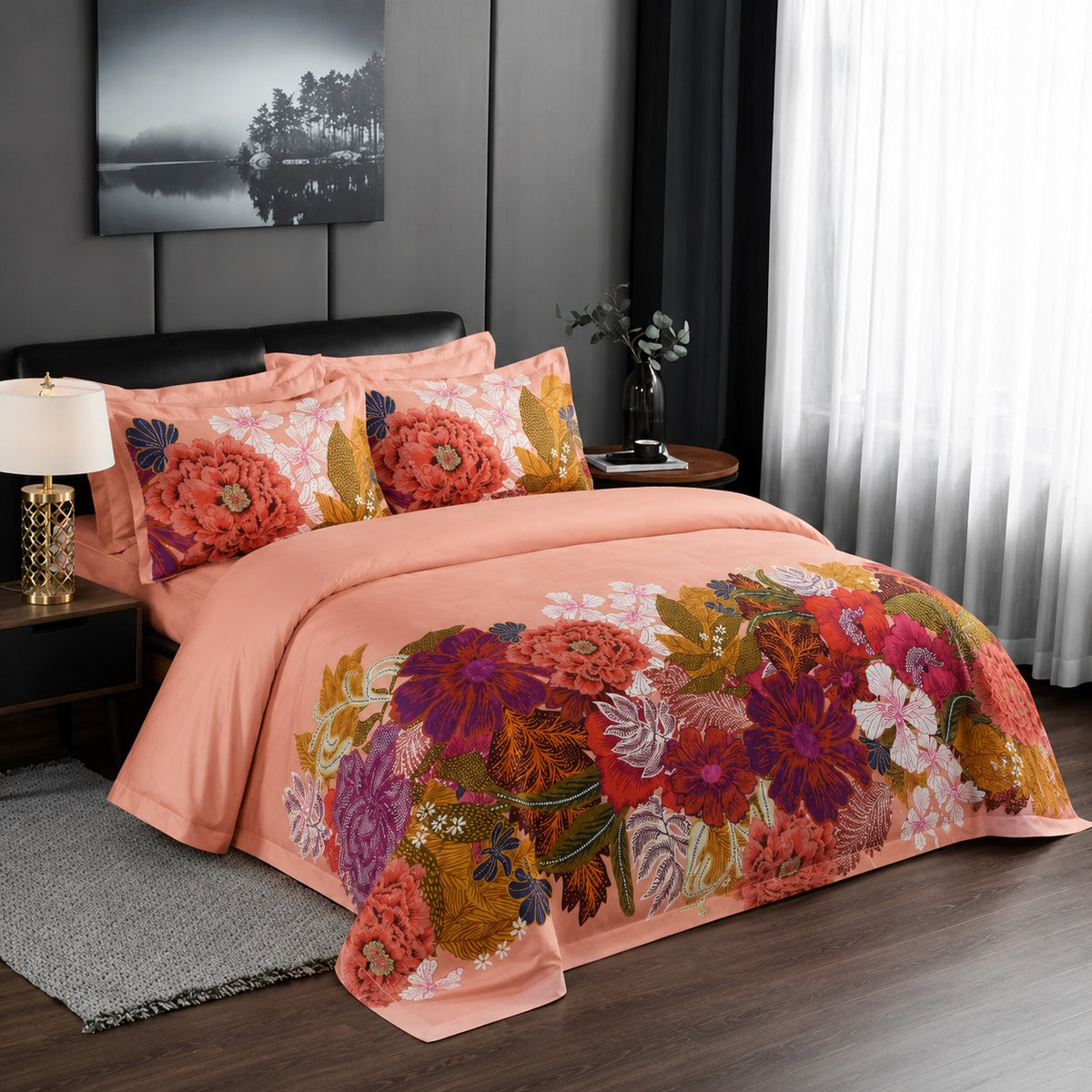 6 Piece Peach Floral Garden Duvet Cover Set
