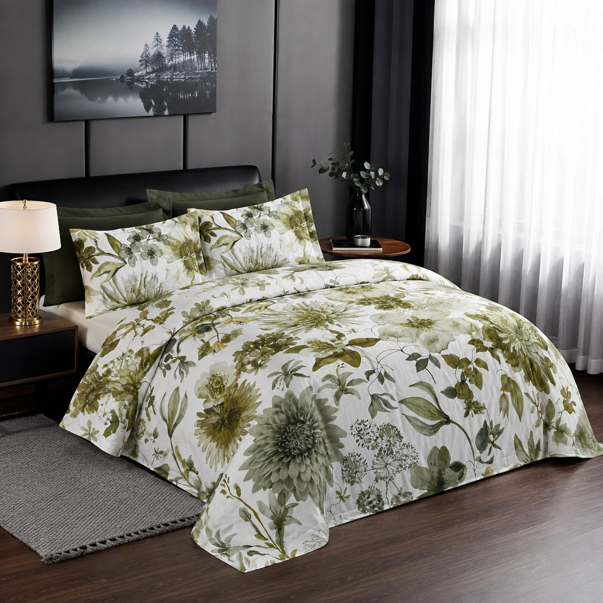 6 Piece Olive Green Botanical Duvet Cover Set
