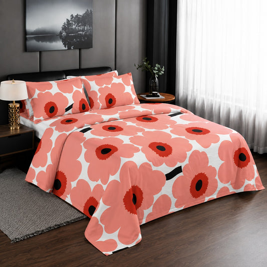 6 Piece Coral Pink Modern Floral Duvet Cover Set