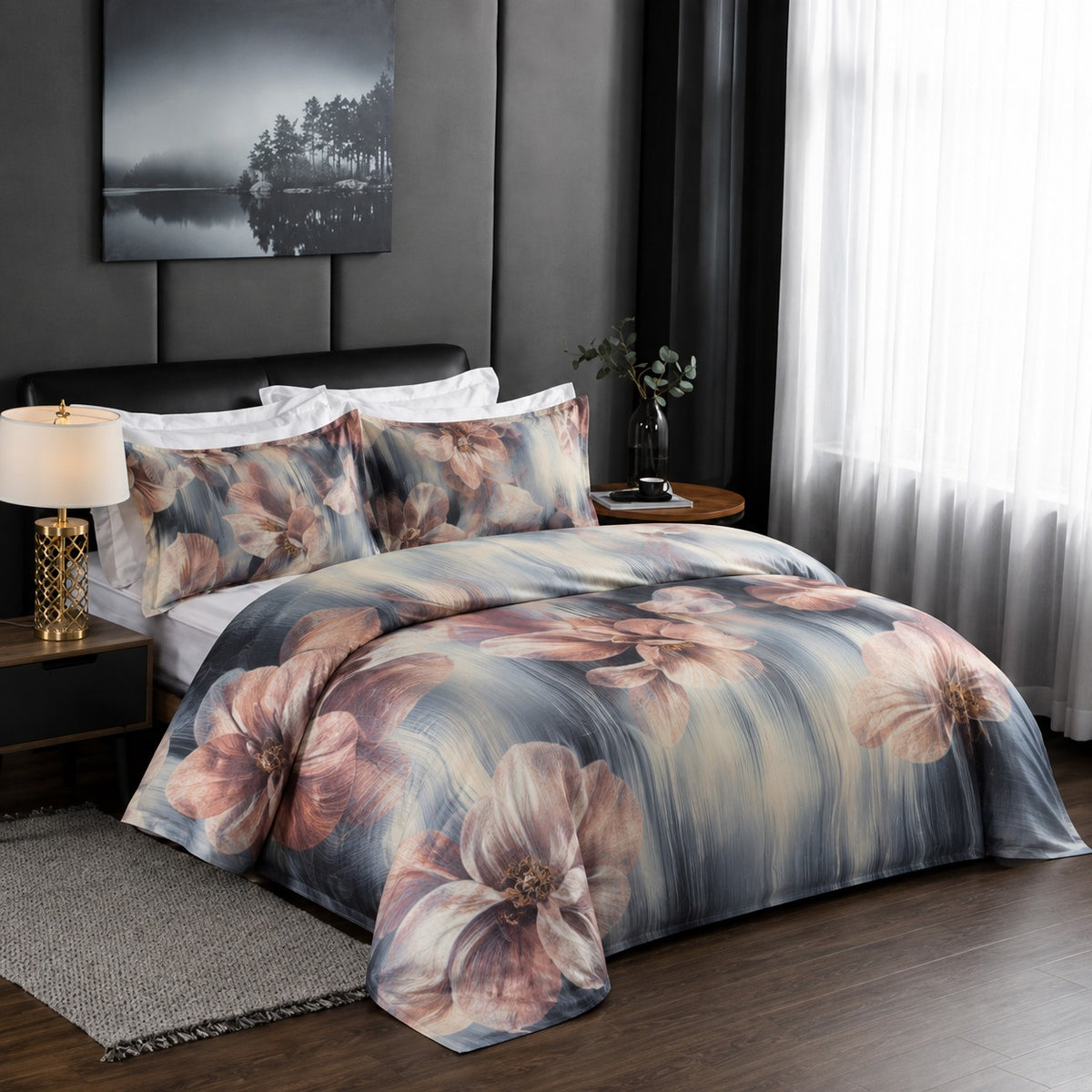 6 Piece Smokey Blue & Copper Floral Duvet Cover Set