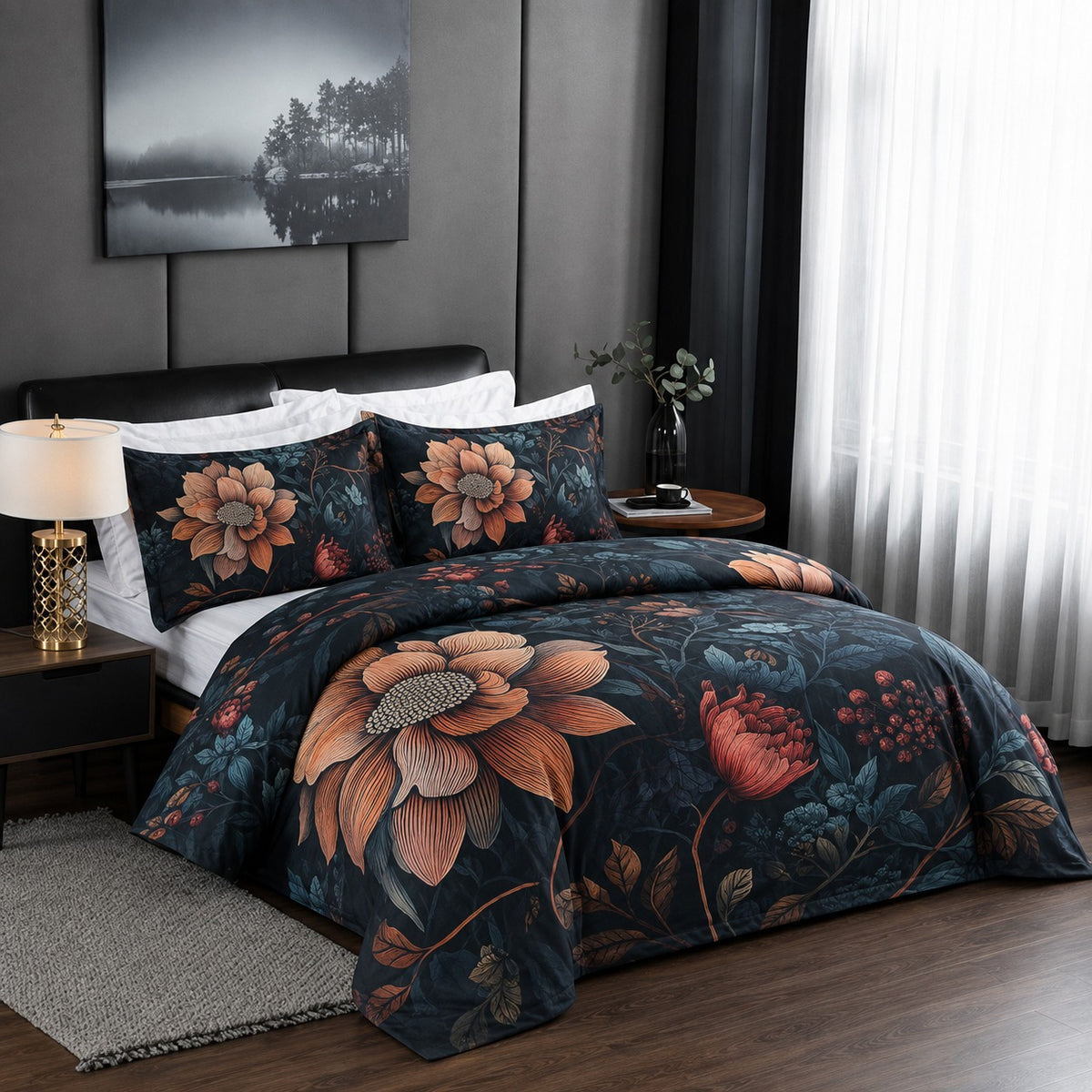 6 Piece Dark Midnight Copper Sunflower Duvet Cover Set