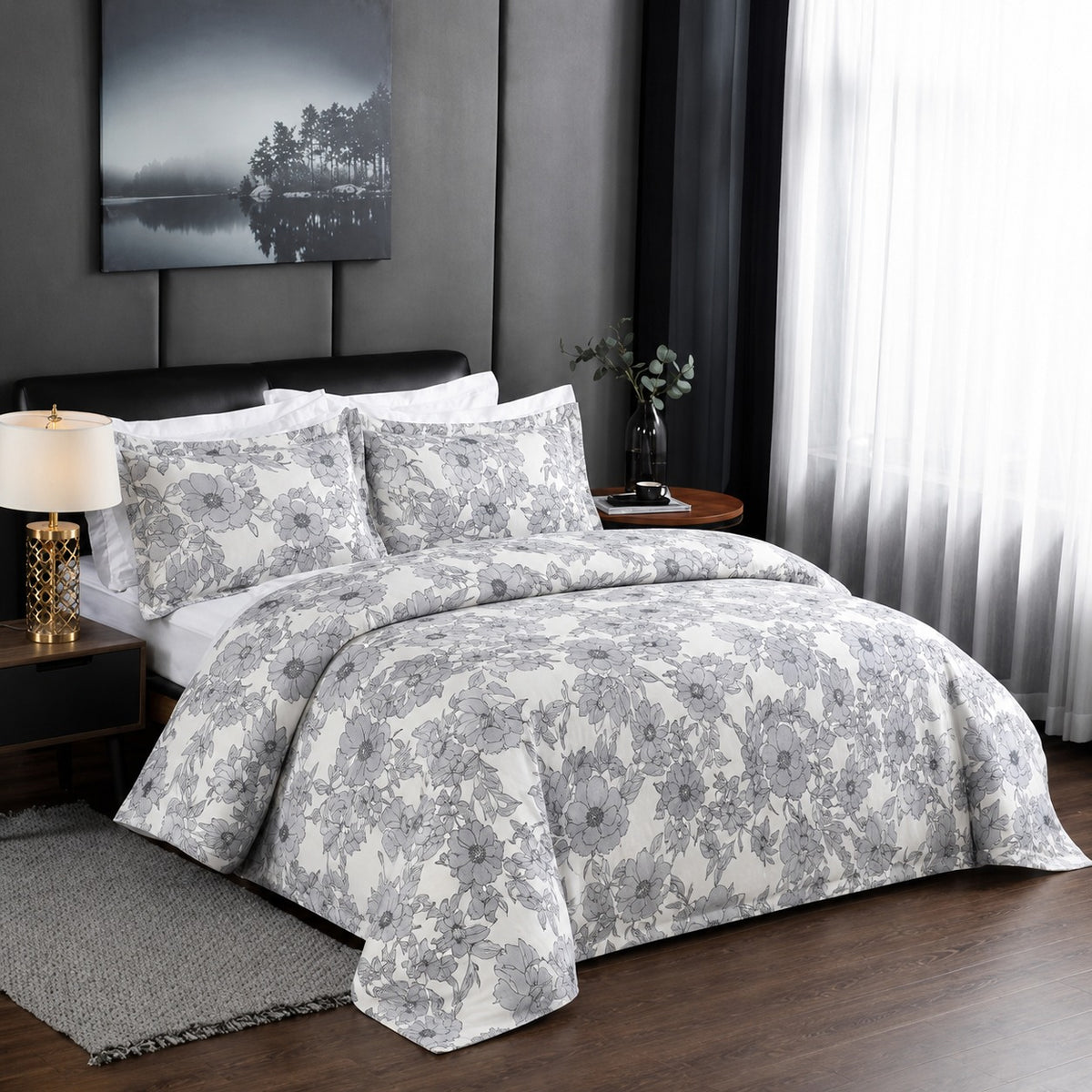 6 Piece Slate Grey Floral Toile Duvet Cover Set