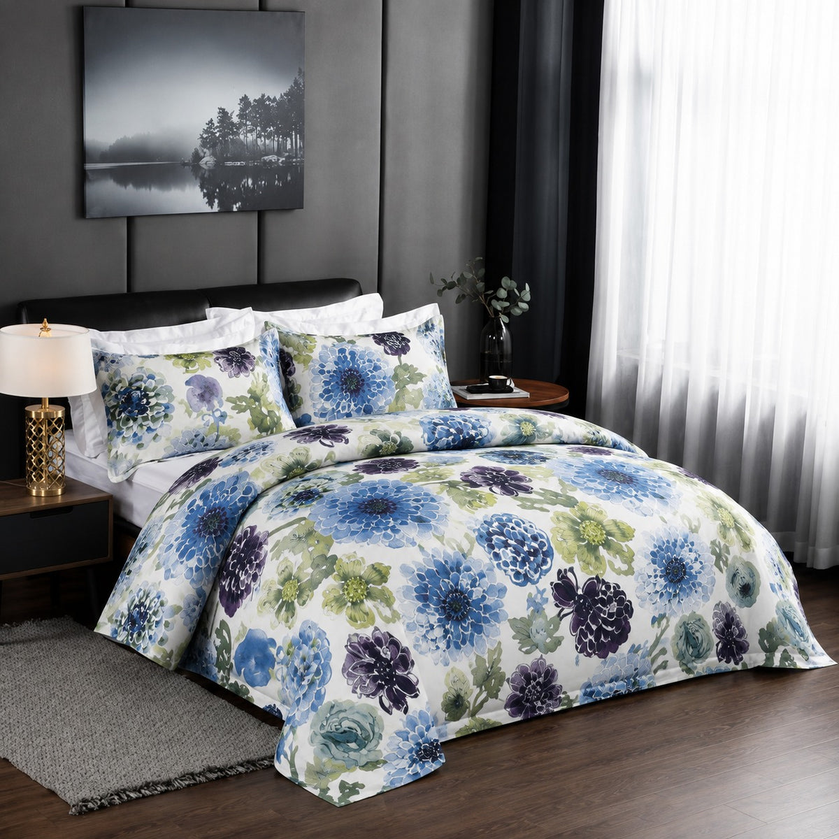6 Piece Ocean Blue Floral Dahlia Duvet Cover Set