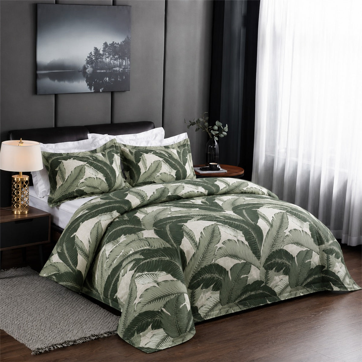 6 Piece Sage Palm Leaf Duvet Cover Set