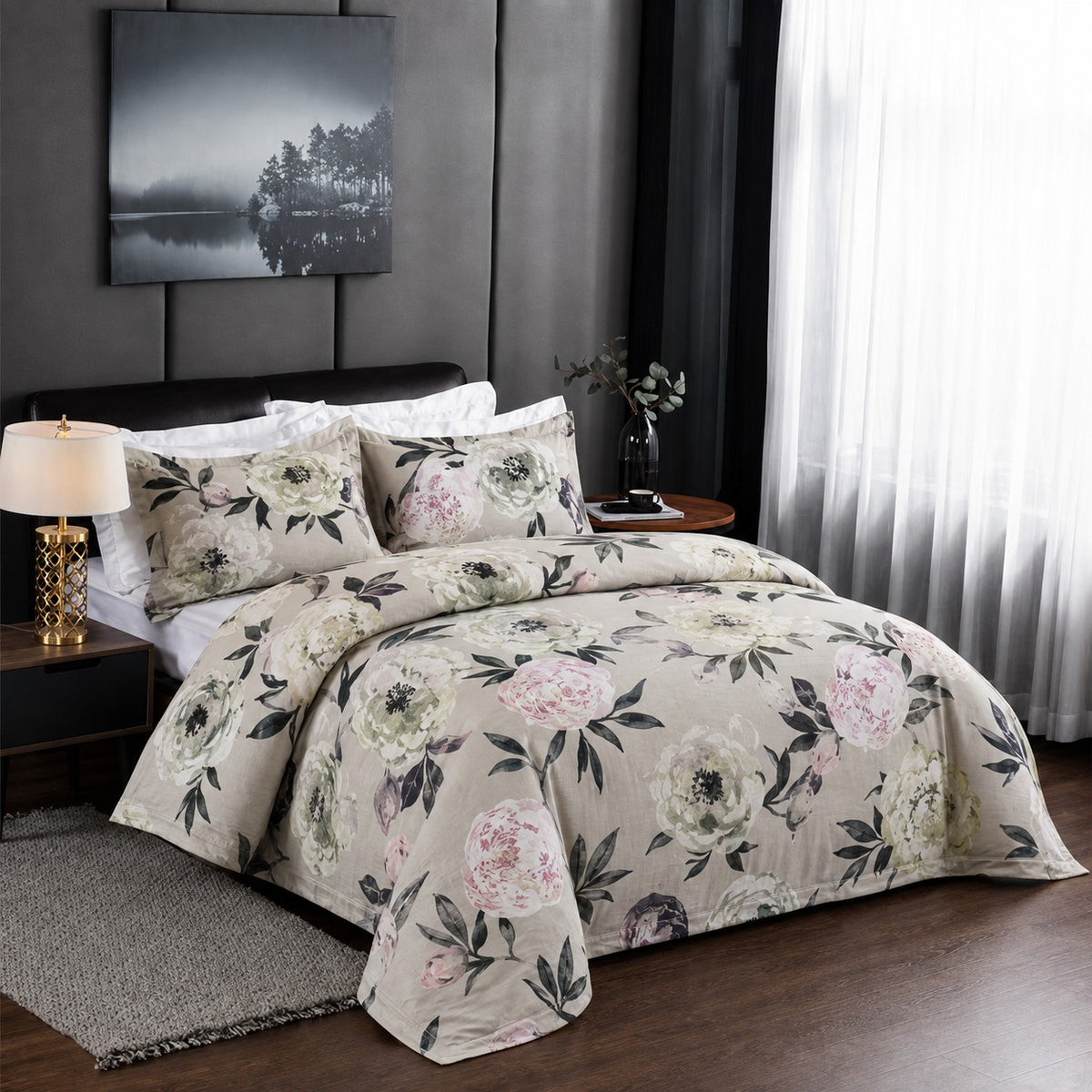 6 Piece Neutral Taupe Peony Duvet Cover Set