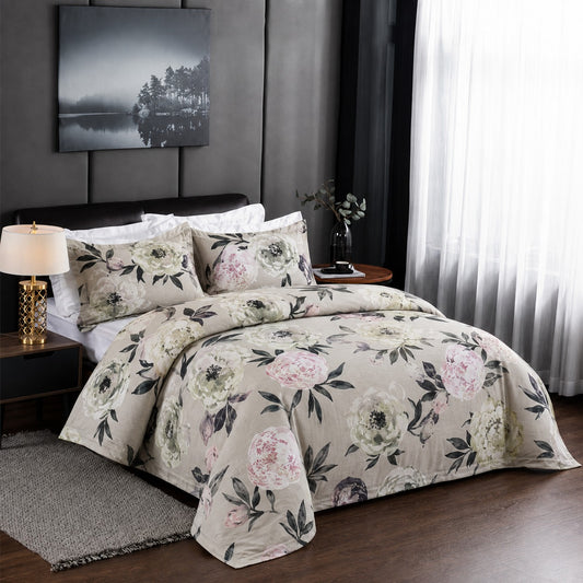 6 Piece Neutral Taupe Peony Duvet Cover Set