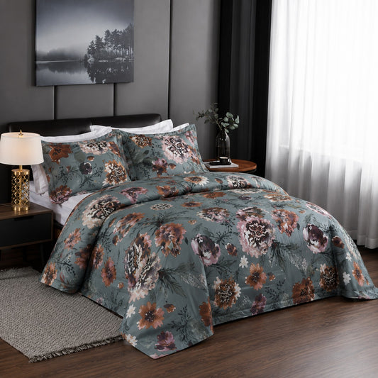 6 Piece Teak & Dust Blue Vintage Floral Duvet Cover Set
